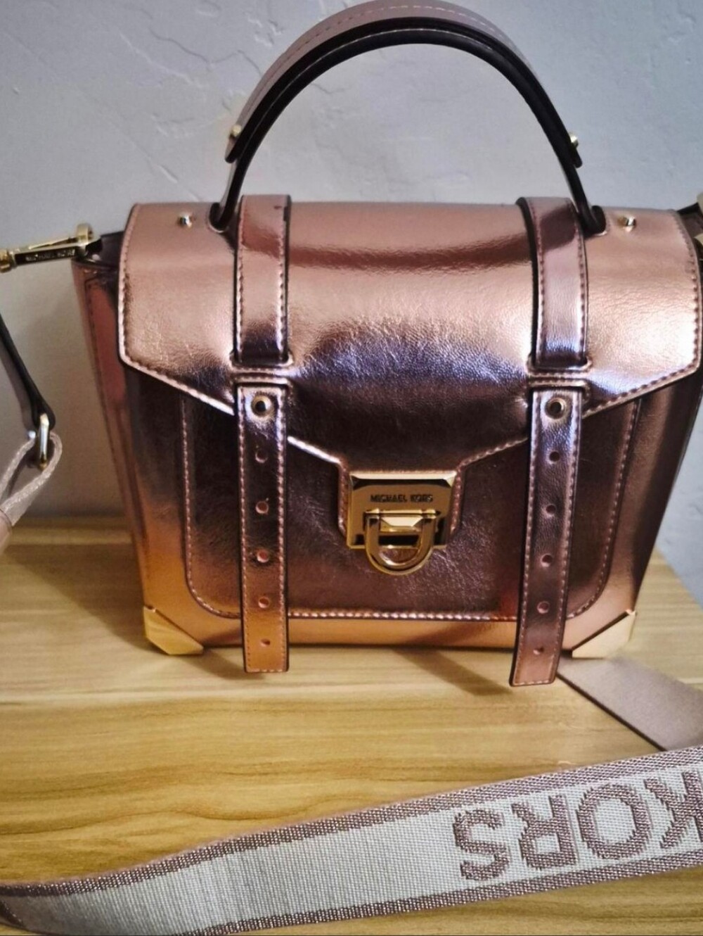 Set-Michael Kors Metallic Rose Gold Satchel Bag And Matching Wallet